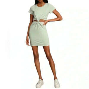 Lulu’s Knotty but Nice Light Sage Green Knotted Cutout T-Shirt Dress NWT…